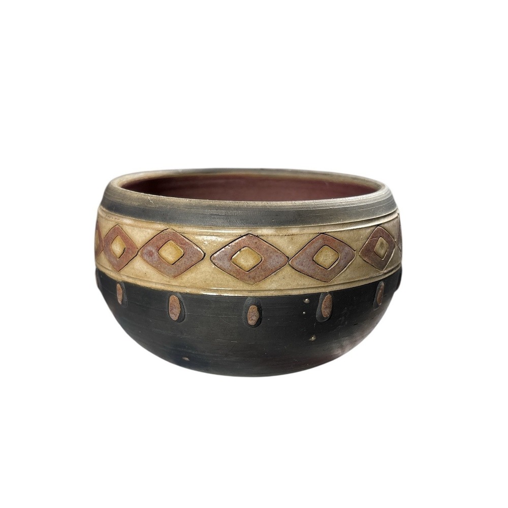 Aztec Design Pottery Bowl Brown Tan‎ Hand Made Small Dish Decor Decorative